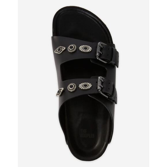 The Kooples Black Leather Buckled Sandals w/ Studs Size 5 US 36 EU NIB Slides - Picture 1 of 13